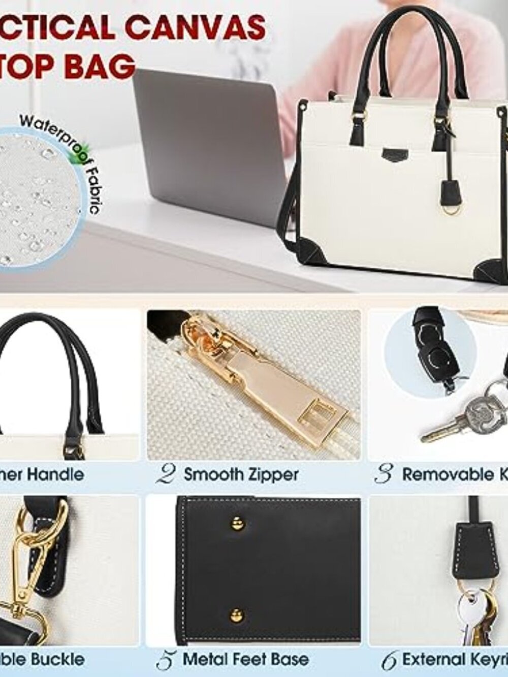 🆕 Laptop Bag for Women 15.6 inch Laptop Tote Bag Waterproof Canvas Work Bag - Picture 6 of 7
